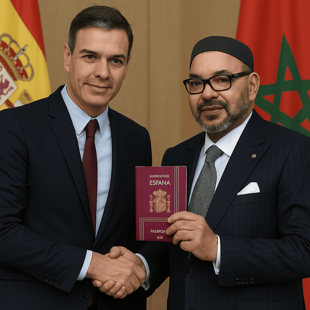 Sánchez entrega simbólicamente pasaporte a Mohamed VI (imagen generada por IA)