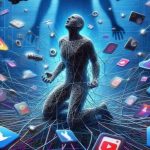 Una silueta humana con cables conectados a su cabeza frente a pantallas digitales con gráficos de datos y redes sociales.