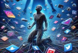 Una silueta humana con cables conectados a su cabeza frente a pantallas digitales con gráficos de datos y redes sociales.