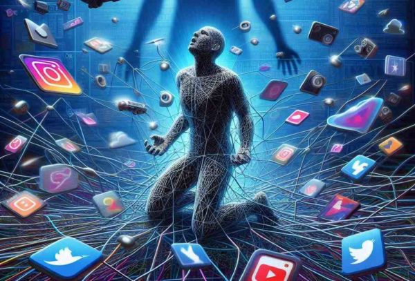 Una silueta humana con cables conectados a su cabeza frente a pantallas digitales con gráficos de datos y redes sociales.