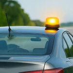 Dispositivo de señalización luminosa V-16 conectado sobre el techo de un vehículo en la carretera.