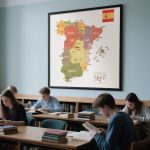 Un aula de colegio con un mapa de España colgado en la pared del fondo.