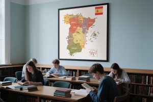 Un aula de colegio con un mapa de España colgado en la pared del fondo.