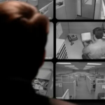 Un operario en una oficina vigilando decenas de pantallas digitales y televisión.