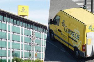 Sede central de Correos con furgones de reparto de correspondencia y votos emitidos.